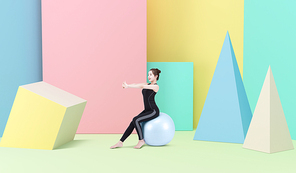 컬러풀한 가상 공간에서 실내 운동하는 여성 이미지 그래픽 합성