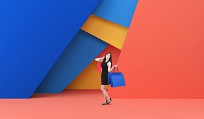 컬러풀한 가상 공간에서 쇼핑백들고 있는 쇼핑 여성 이미지 그래픽 합성