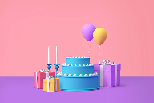 컬러풀 쇼핑 관련 3D 오브젝트 생일 이벤트 축하 생일케이크 선물상자 풍선 이미지 그래픽 합성
