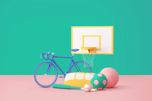 컬러풀 쇼핑 관련 3D 오브젝트 운동용품 축구공 농구공 야구공 야구배트 자전거 이미지 그래픽 합성