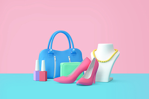 컬러풀 쇼핑 관련 3D 오브젝트 여성잡화 용품 핸드백 매니큐어 구두 목걸이 이미지 그래픽 합성