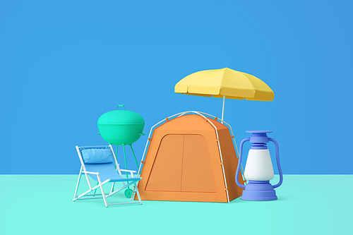 컬러풀 쇼핑 관련 3D 오브젝트 텐트 의자 바베큐 등대 캠핑용품 이미지 그래픽 합성