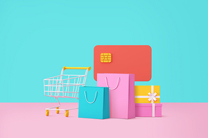 컬러풀 컬러풀 쇼핑 관련 3D 오브젝트 쇼핑카트 신용카드 쇼핑백 선물상자 이미지 그래픽 합성