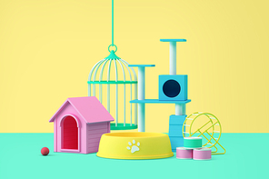 컬러풀 쇼핑 관련 3D 오브젝트 반려동물 용품 집 통조림 음식 캣타워 이미지 그래픽 합성