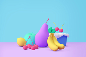 컬러풀 쇼핑 관련 3D 오브젝트 과일 바나나 체리 레몬 사과 제철과일 이미지 그래픽 합성
