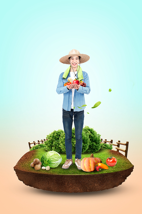 수확의 계절_야채와 채소들과 농부 합성 이미지