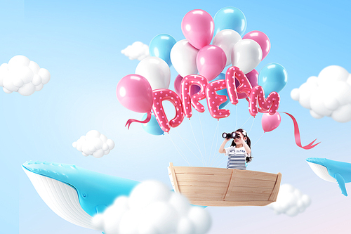 어린이 꿈 3D 타이틀 풍선으로 하늘날고 있는 배와 어린이가 쌍안경으로 멀리 바라보는 장면 이미지 그래픽 합성