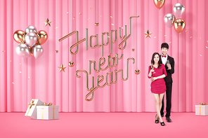 새해 신년 이벤트 기념일 3D 타이틀 골드텍스처 풍선과 선물상자 샴페인 턱시도와 드레스 입고 있는 남자와 여자 이미지 그래픽 합성