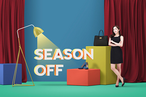 시즌 오프 세일 3D 타이틀 쇼핑이벤트 여성 잡화 여성 가방과 구두 포즈 취하고 있는 여성 이미지 그래픽 합성