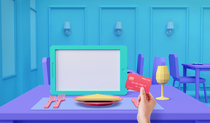 식당에서 쇼핑 구매 결재 홈쇼핑 신용카드와 타블렛로 간편결재 하는 장면 이미지 그래픽 합성