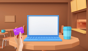 카페에서 쇼핑 구매 결재 홈쇼핑 신용카드와 노트북으로 간편결재 하는 장면 이미지 그래픽 합성