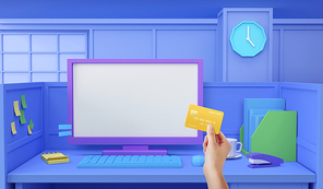 회사에서 쇼핑 구매 결재 홈쇼핑 신용카드와 컴퓨터로 간편결재 하는 장면 이미지 그래픽 합성