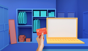 서재에서 쇼핑 구매 결재 홈쇼핑 신용카드와 노트북으로 간편결재 하는 장면 이미지 그래픽 합성
