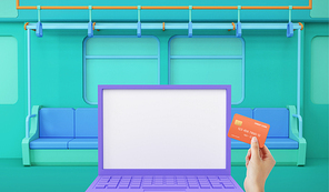 지하철에서 쇼핑 구매 결재 홈쇼핑 신용카드와 컴퓨터로 간편결재 하는 장면 이미지 그래픽 합성