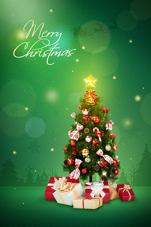 크리스마스트리와 선물상자가 있는 보케 배경 백그라운드 이미지 그래픽 합성