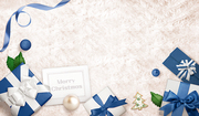 하얀 카펫에 선물상자들 그리고 크리스마스 오브젝트들과 카드가 있는 백그라운드 이미지 그래픽 합성