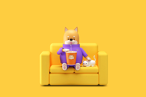 소파에 앉아 영화보는 3D 강아지 캐릭터 합성 이미지