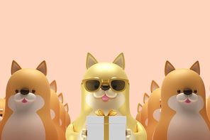 선물상자들 옆에 서있는 선글라스쓴 3D 강아지 캐릭터 합성 이미지