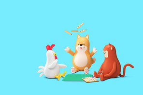한국전통놀이 하고 있는 개와 닭 원숭이 3D 캐릭터 합성 이미지