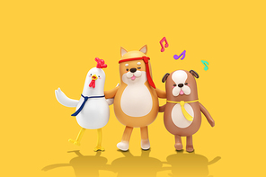 노래부르고 있는 닭과 개들 3D 캐릭터 합성 이미지