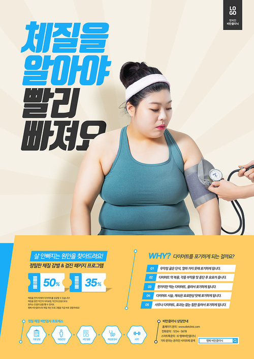 비만 클리닉 – 혈압을 재고 있는 플러스 모델이 있는 다이어트 포스터