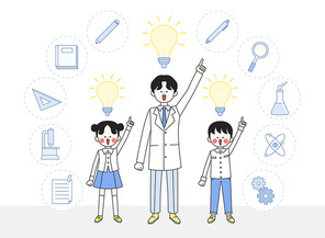 같은 포즈로 손들고 있는 박사과 어린이들 실험도구 아이콘 발명의날 기념일 벡터 일러스트