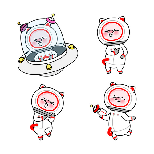 재미있는 우주 돼지 이모티콘 캐릭터들 컬렉션 벡터 세트