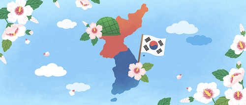 한국전쟁을 기념하는 한반도지도와 태극기 무궁화가 있는 법정기념일 일러스트