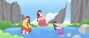 대한민국 전통명절 한복입은 여성들이 머리를 감고 있는 풍경 법정기념일 일러스트