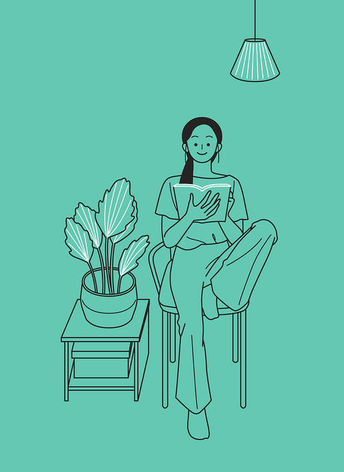 집안에서 독서하면서 편안하게 휴식하고 있는 여성 1명 벡터 일러스트
