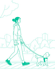 공원 산책로에서 강아지와 산책하고 있는 여성 1명 벡터 일러스트