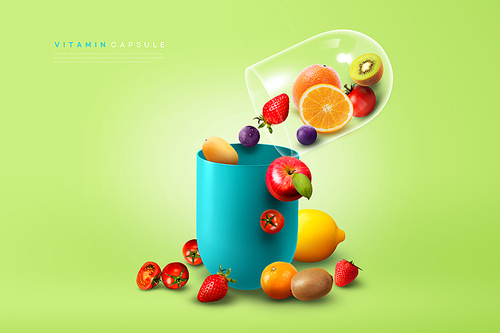 다양한 과일과 야채의 비타민 캡슐 비주얼
