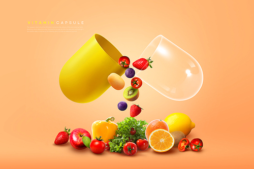 다양한 과일과 야채의 비타민 캡슐 비주얼