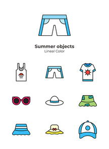 여름 모자와 의상 선글라스 오브젝트 벡터 세트 아이콘
