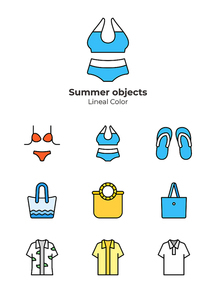 수영복 비키니 슬리퍼 가방과 여름 의상이 있는 오브젝트 벡터 세트 아이콘