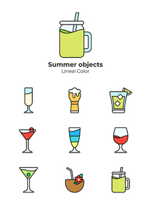 다양한 종류 칵테일과 음료 오브젝트 벡터 세트 아이콘