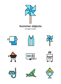 여름 바람개비 캐리어 여행 레포츠 용품 오브젝트 벡터 세트 아이콘