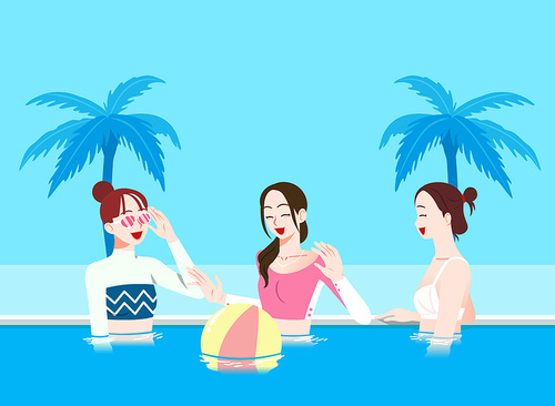 여름 수영장에서 여자친구 3명이 수영장에서 공놀이 즐기는 벡터 일러스트