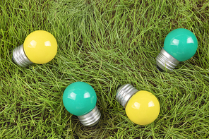 생활 속 에너지 - 푸른 잔디 위에 놓여진 노란색, 초록색 미니 전구들