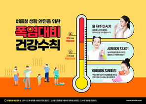 무더위에 지쳐있는 사람들 일러스트와 건강수칙을 지키고 있는 여성이 있는 여름건강관리 포스터