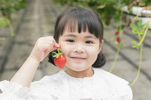 상큼 달콤 딸기농장 - 딸기 농장에서 잘 익은 딸기를 들고 귀엽게 포즈잡은 신나는 어린이