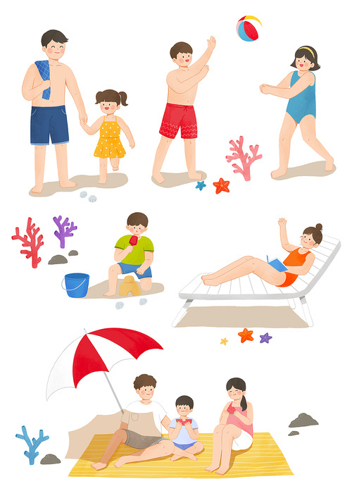 여름 해변에서 가족들과 다양한 놀이 하는 장면 일러스트