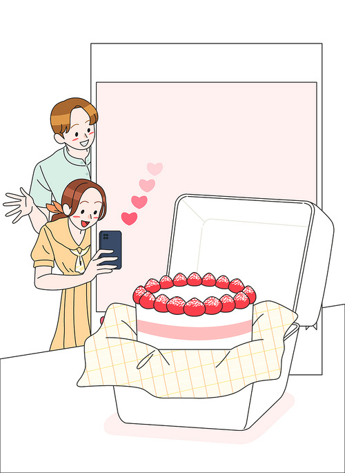 커플이 선물상자에 있는 케이크 스마트폰으로 촬영하는 sns 이벤트 벡터 일러스트