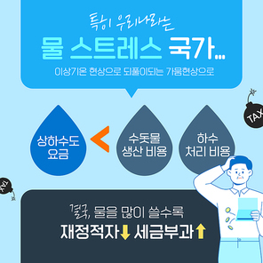 물방울 다이어그램과 통장을 들고 걱정하는 남성 일러스트가 있는 물 절약 카드뉴스