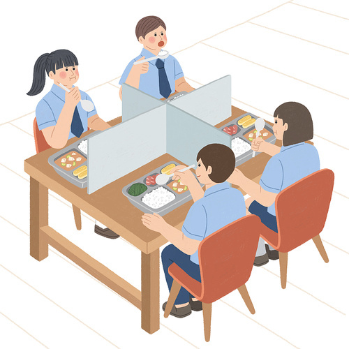 학교 점심시간에 칸막이된 책상에서 식사하고 있는 학생들 여름 일상 벡터 이미지