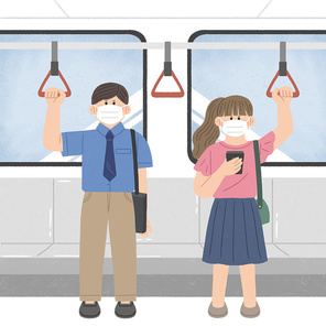 마스크 쓰고 지하철 타고 출근 또는 퇴근하고 있는 남성과 여성 여름 일상 벡터 이미지