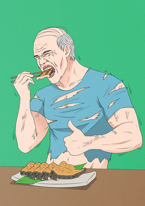 한국전통 여름철 보양식 장어구이를 먹고 있는 남자 1명 이미지 일러스트