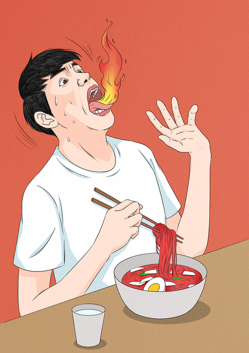 한국전통 여름철 매운 불냉면을 먹고 있는 남자 1명 이미지 일러스트