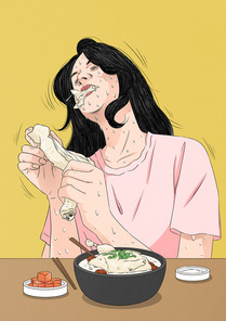 한국전통 여름철 보양식 삼계탕을 땀흘리면서 먹고 있는 여자 1명 이미지 일러스트