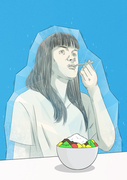 한국전통 여름철 팥빙수를 먹고 있는 여자 1명 이미지 일러스트